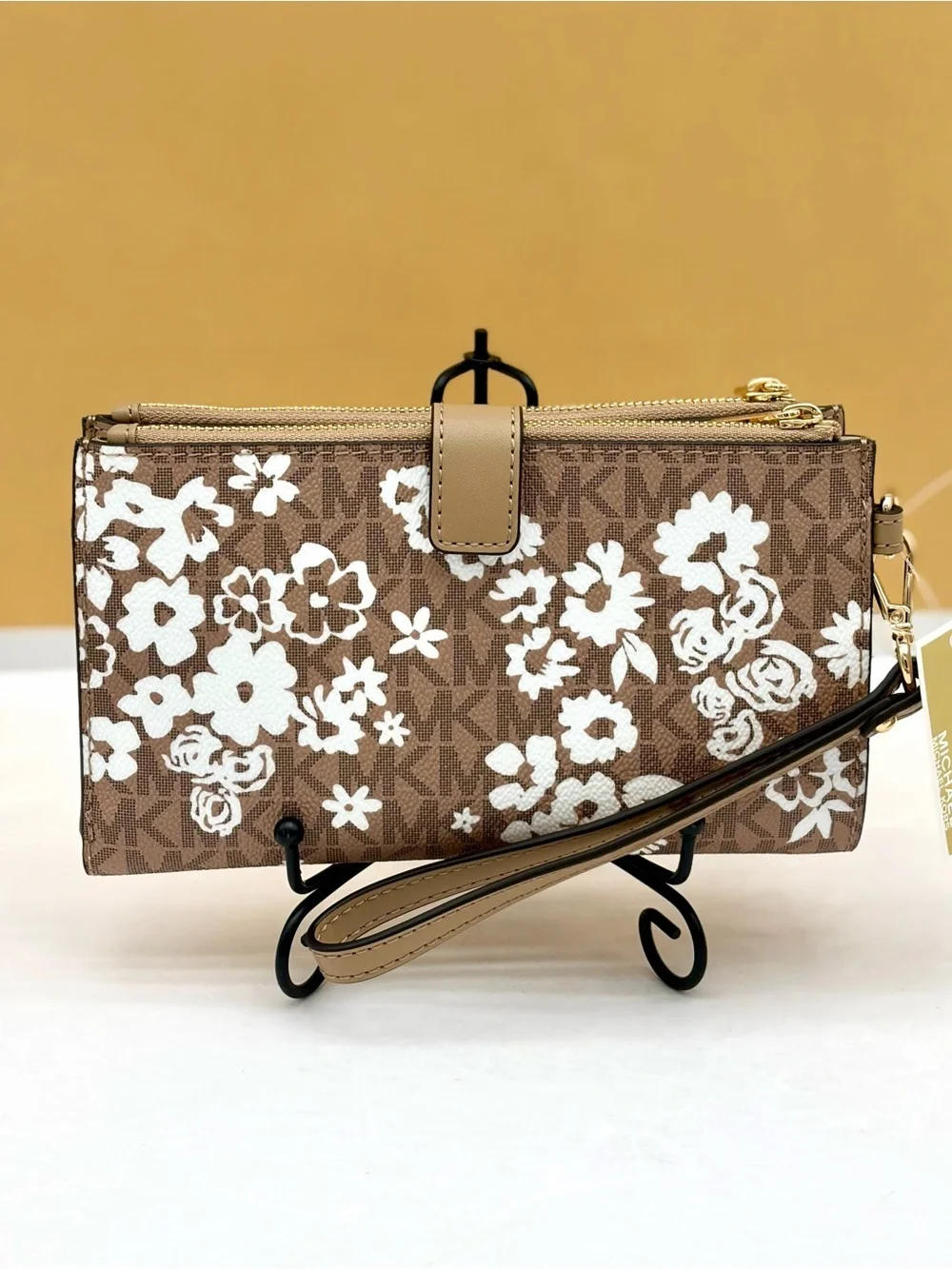 Michael Kors Brown & White Floral Logo Wristlet